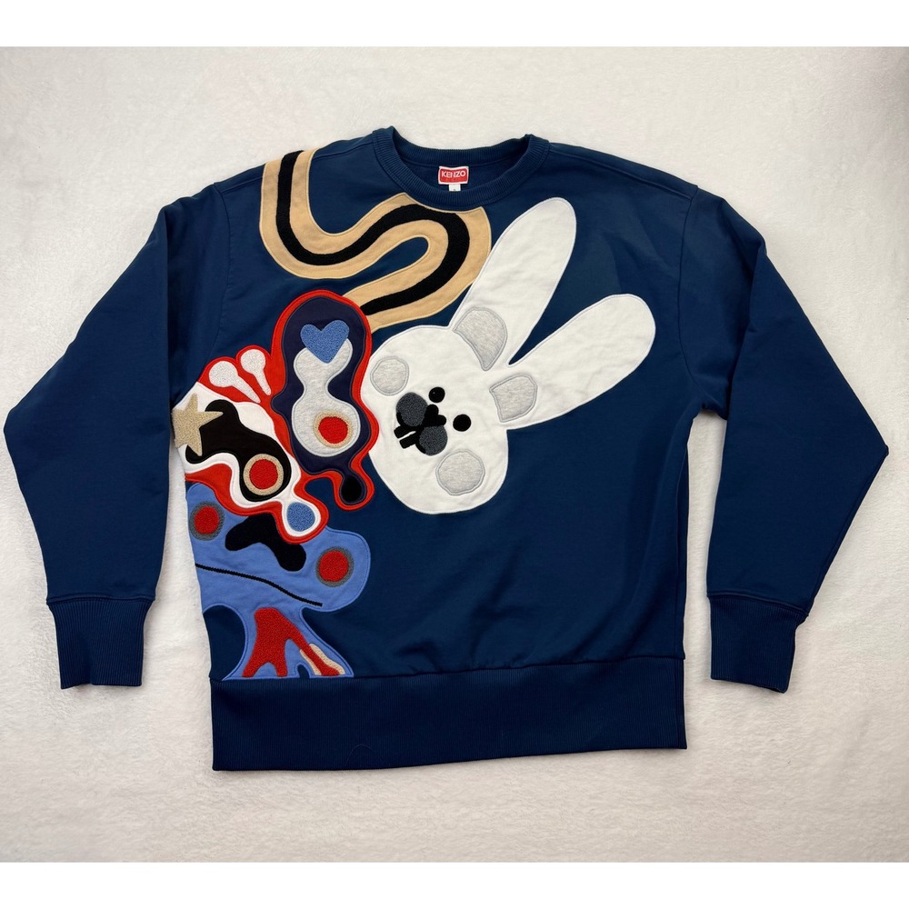 Kenzo Paris Mens Teal Blue Rabbit Graphic Crewneck Sweatshirt FD55SW4704MF S